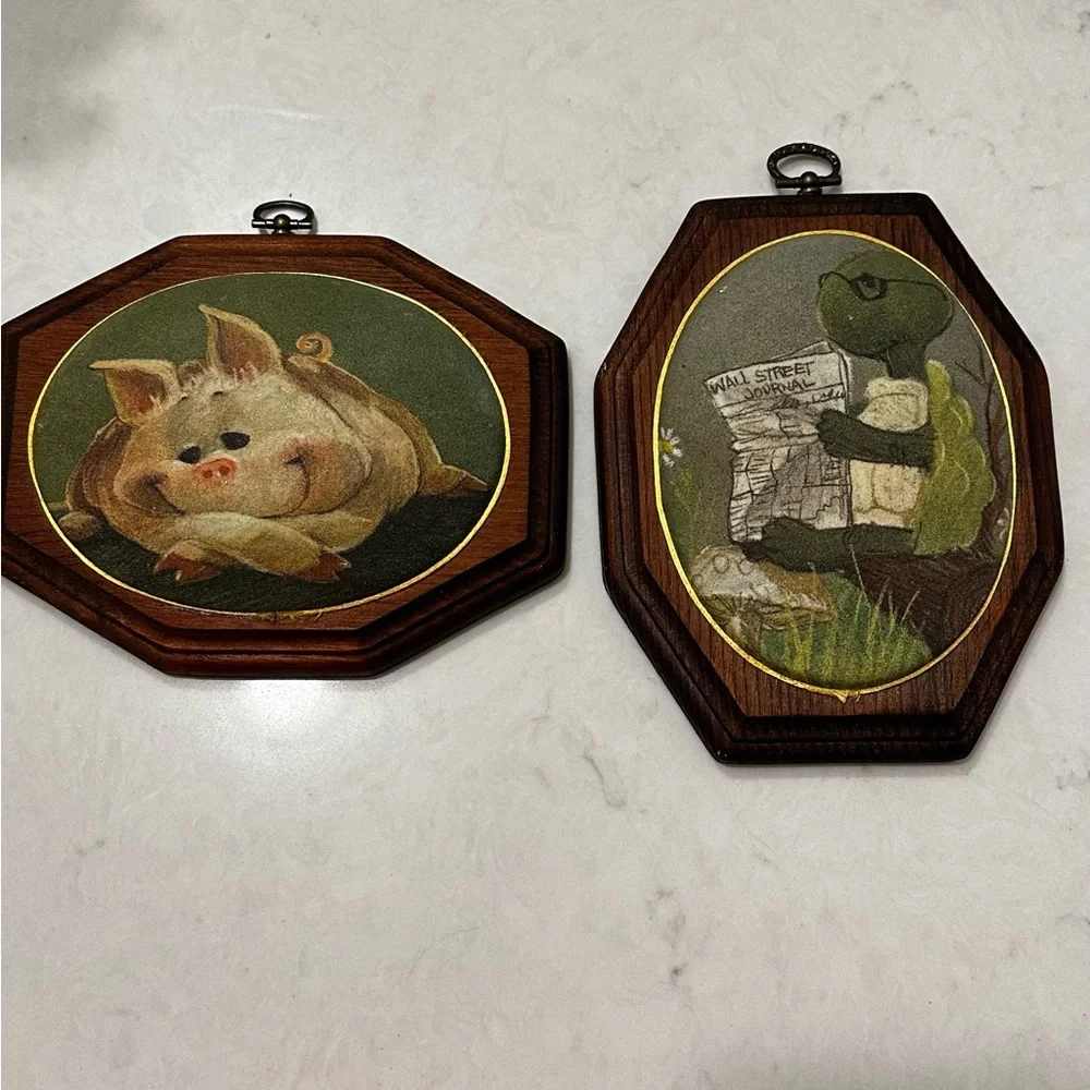 Vintage Wood Plaque Pig Turtle Set Of 2 70s Farmhouse Whimsical